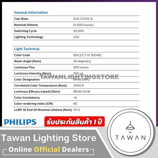 Philips หลอดไฟแอลอีดี MR16 ขั้ว GU5.3 12V 220V แสงเดย์ไลท์ 6,500K แสงวอร์มไวท์ 3,000K