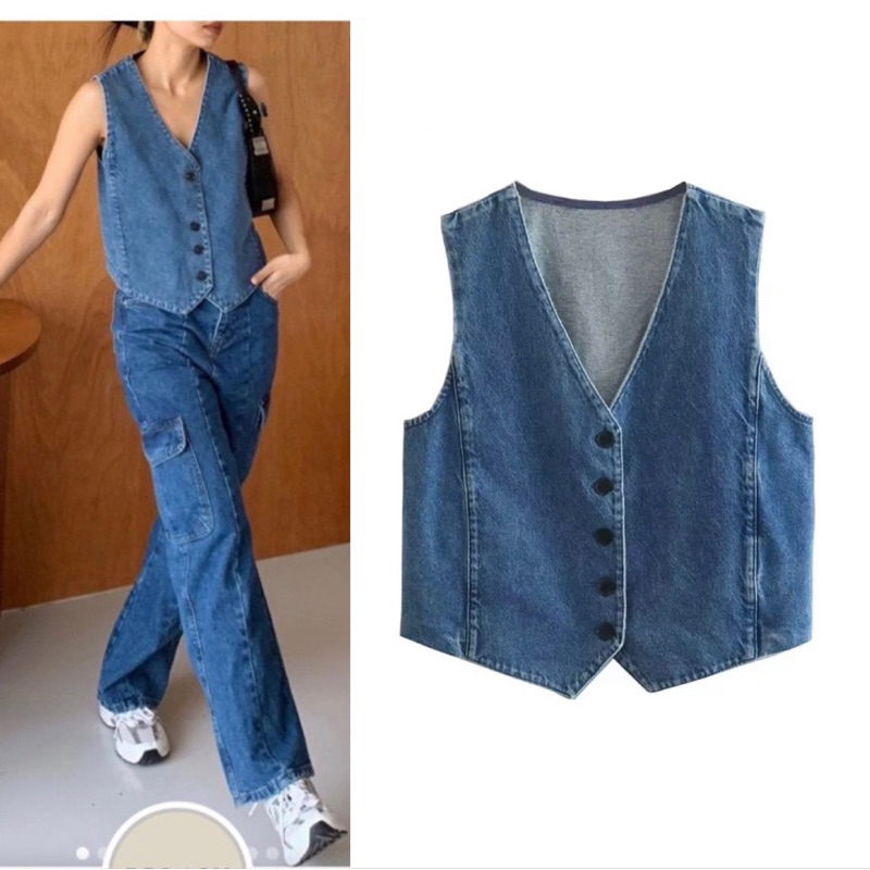 เสื้อVest Denim จากร้าน PPLAIN กระดุมหน้า สีเข้ม ผ้ายีนส์เนื้อดี อก36”