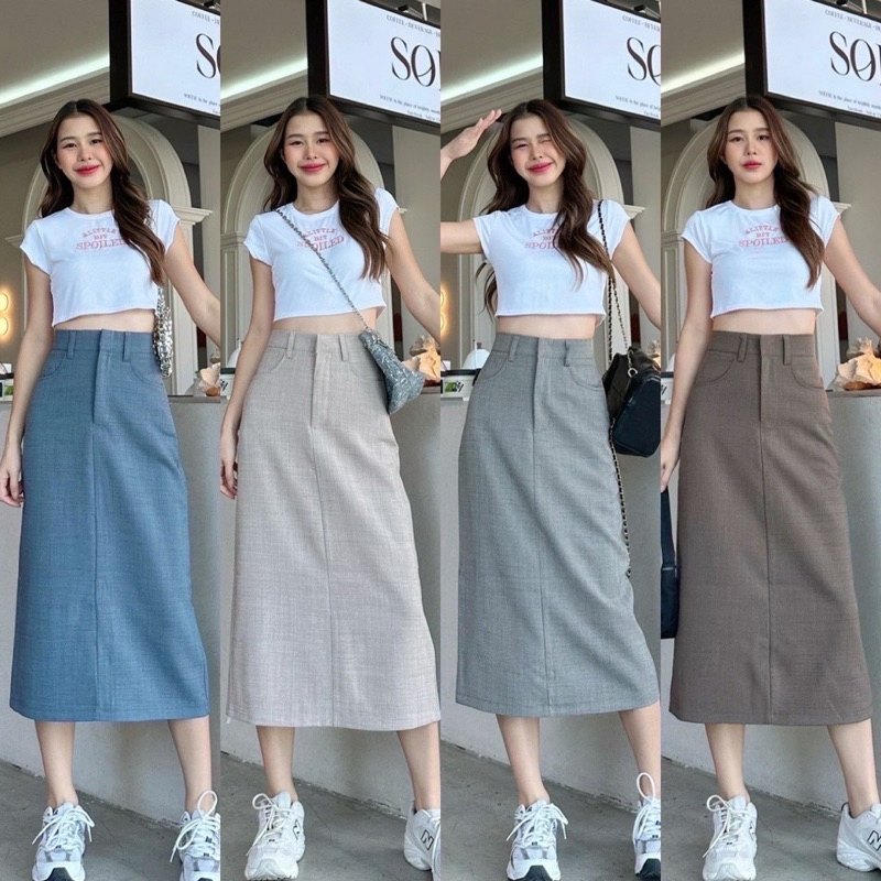 กระโปรงยาว Y2K ดีเทลผ่าหลังงานซิปหน้าตะขอ แต่งหูเข็มขัดเนื้อผ้าสโนว์ กระเป๋าด้านหน้าใช้งานได้จริงด้านหลังเป็นกระเป๋าหลอก