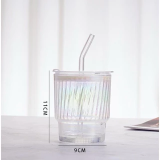 แก้วน้ำ โฮโลแกรม ใส่เครื่องดื่ม 400ml สไตล์มินิมอล ดีเทลสีรุ้ง พร้อมหลอดแก้ว ฝาปิด ทนความร้อน