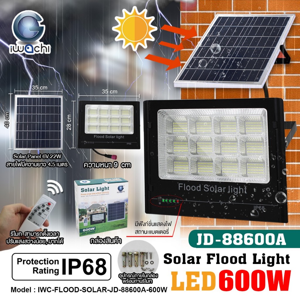 สปอร์ตไลท์ โซล่าเซลล์ 600วัตต์ ไฟโซล่า สปอร์ตไลท์โซล่า + แผง 600W  SOLAR-88600A-600W สปอร์ตไลท์ กันน