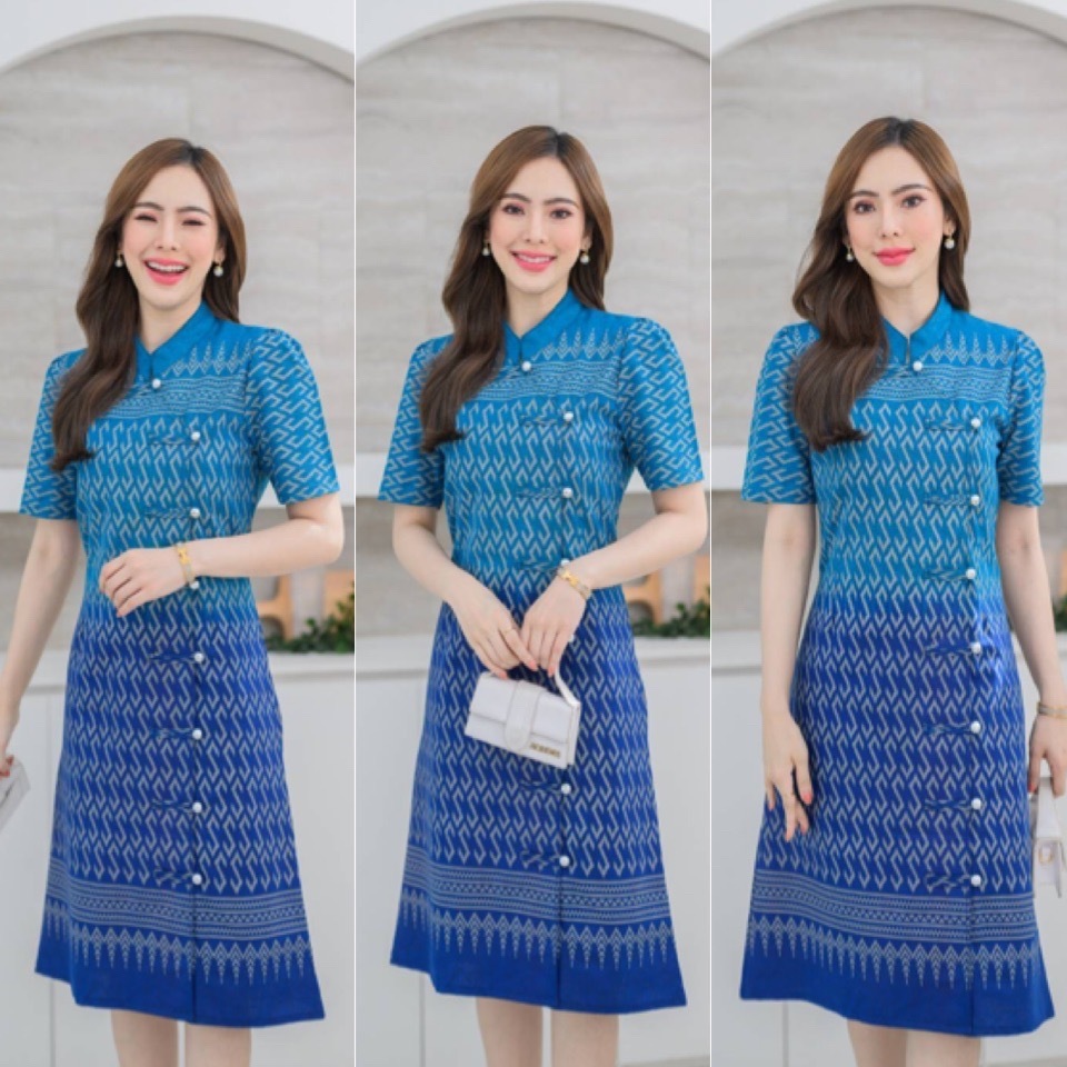 เดรสผ้าไทย (มีไซร้ 36"-48") กระดุมหน้าแกะได้จริงใส่สวยมาก งานบุญงานบวชงานแต่งใส่ทำงานเรียบหรูดูแพง