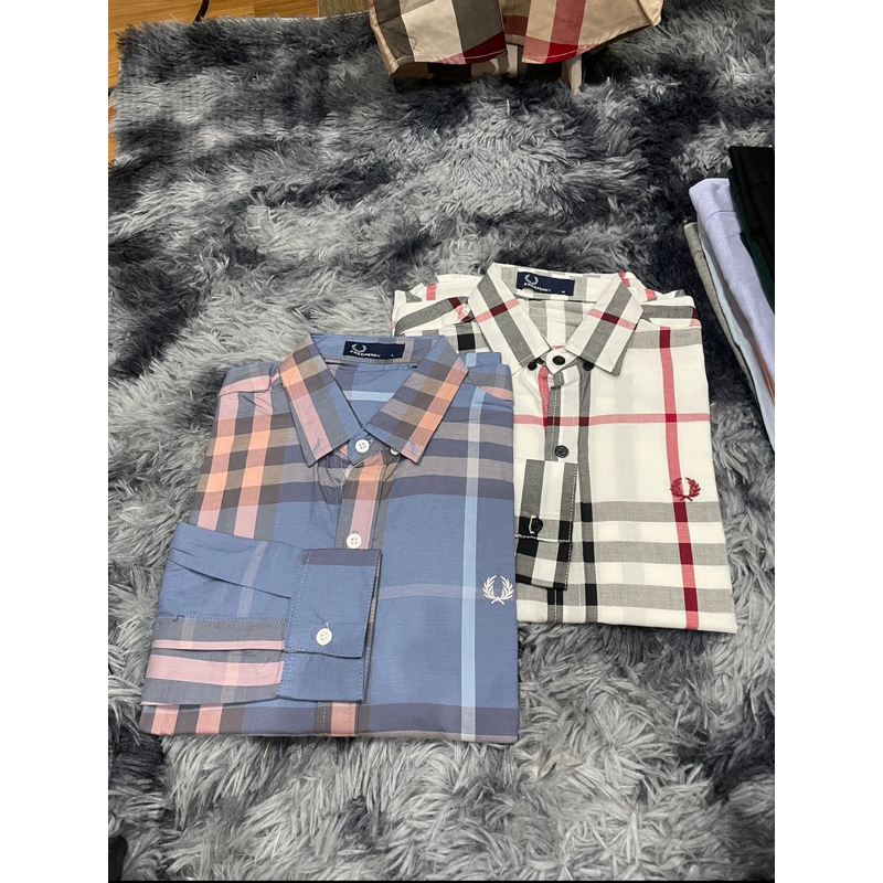 Fredperry เสื้อเชิ้ตแขนยาวปักรวงข้าวcottonบลู100%