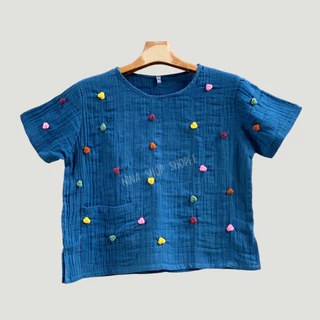 เสื้อผ้าฝ้ายสาลูสองชั้น งานปักมือแฮนด์เมด ดอกมินิน่ารักสุดๆ ทรงสวย สวมใส่สบาย ได้ทุกวัน🍃
