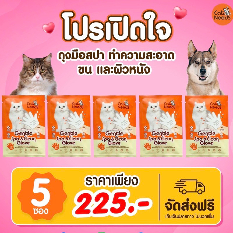 Cat needs โปร 5 ซอง ถุงมือสปาแมว อาบน้ำแห้งแมว