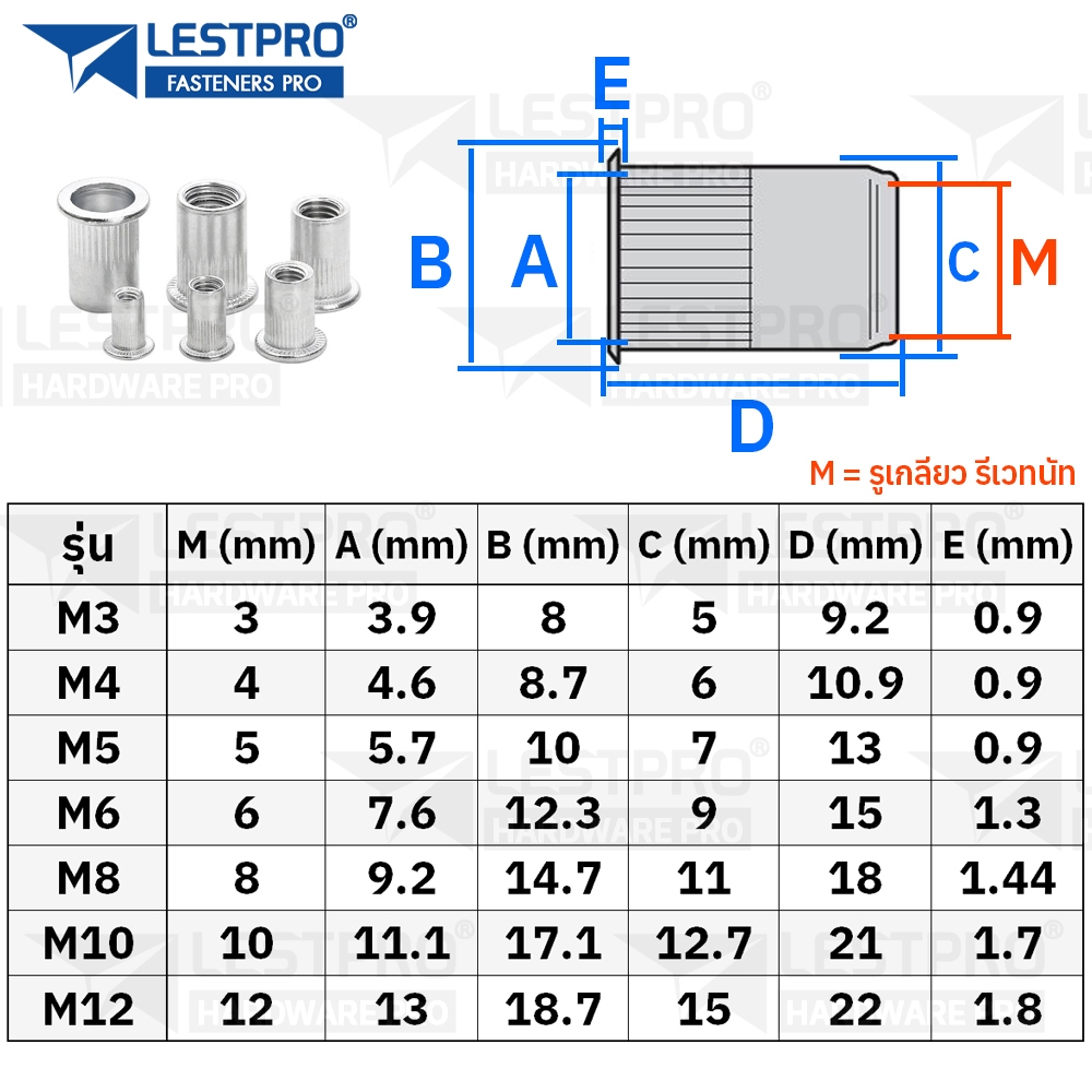ยกกล่อง รีเวทนัท ชุบซิงค์รุ้ง หัวน็อตรีเวท M3 M4 M5 M6 M8 M10 M12 Rivet Nut Yellow Zinc - รูปที่ 2