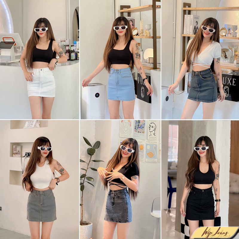 🎊mnv_shop🎊 (213) 😍 กระโปรงยีนส์เอวสูงผู้หญิงผ้ายืดทรงเข้ารูป แบบเรียบ สั้น 15 นิ้ว 😍