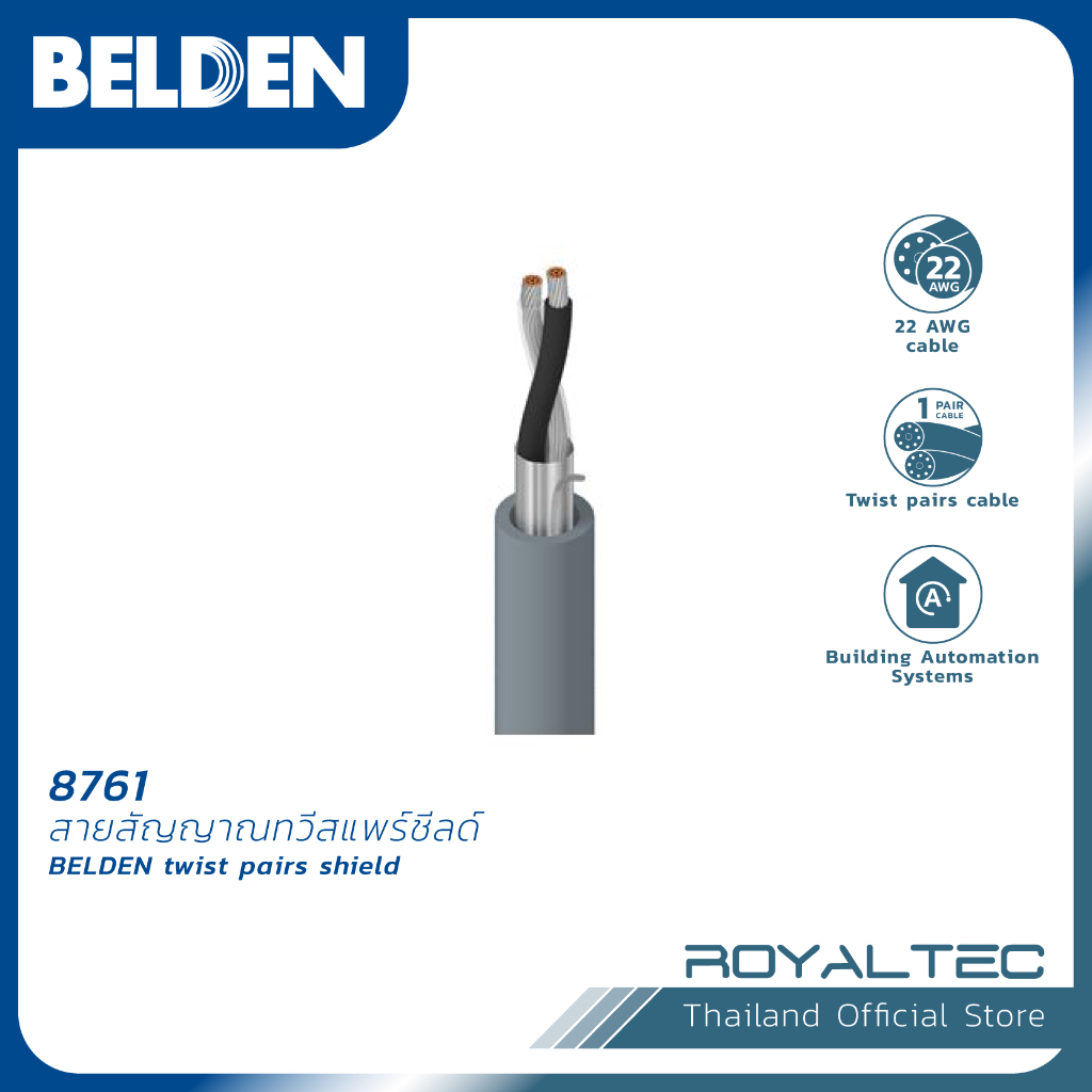 BELDEN 8761 สายสัญญาณทวีสแพร์ชีลด์ Twist pairs shield 22 AWG 1Pair สี Jacket เทาเข้ม