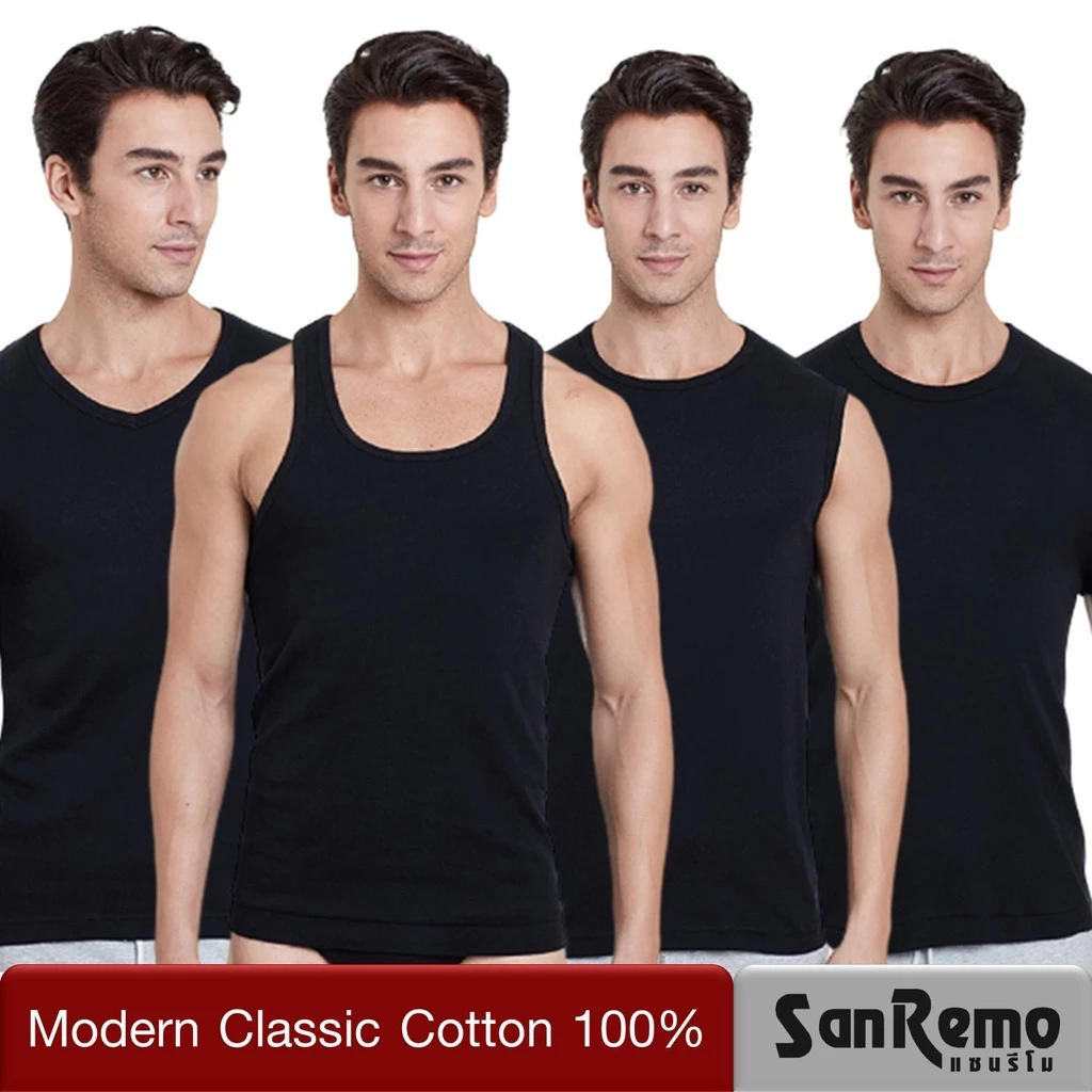 Sanremo เสื้อยืด ติดแอร์ แซนรีโม Modern Classic Cotton 100% ผ้านุ่ม เนื้อละเอียดระบายเหงื่อดี สวมใส่สบาย สีดำ NIS-SCT-BL