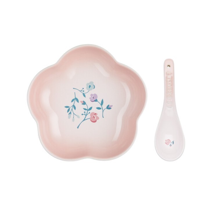 ชุดจานเซรามิค รูปดอกไม้ พร้อมช้อน สีชมพู ขนาด 16 cm Flower Dish with Seoul Chinese Spoon SHELL PINK