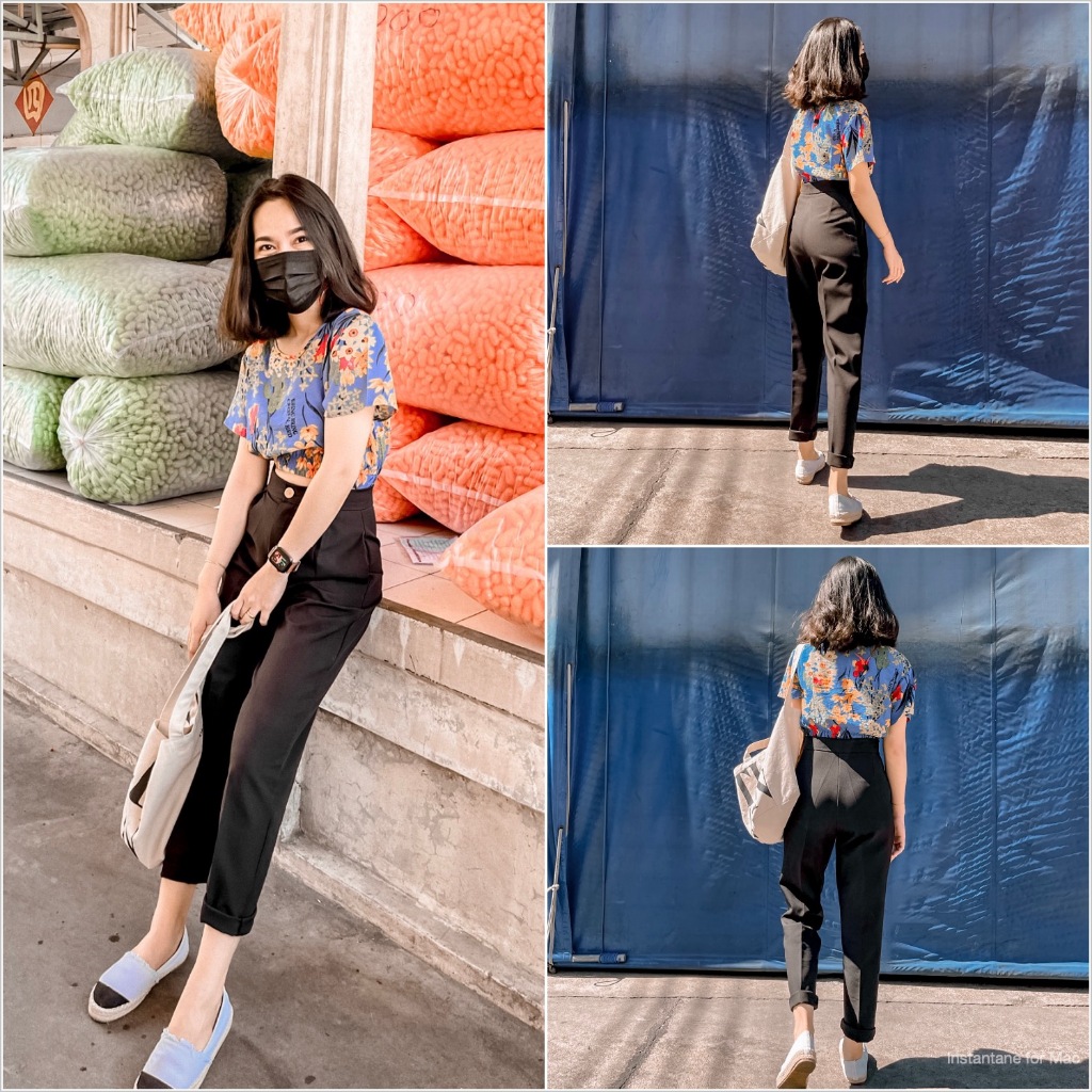 (PA) ARTHITTAYA.BRAND กางเกงเนื้อผ้าสลาฟ  9 ส่วน วินเทจ เอวสูง-สีดำ