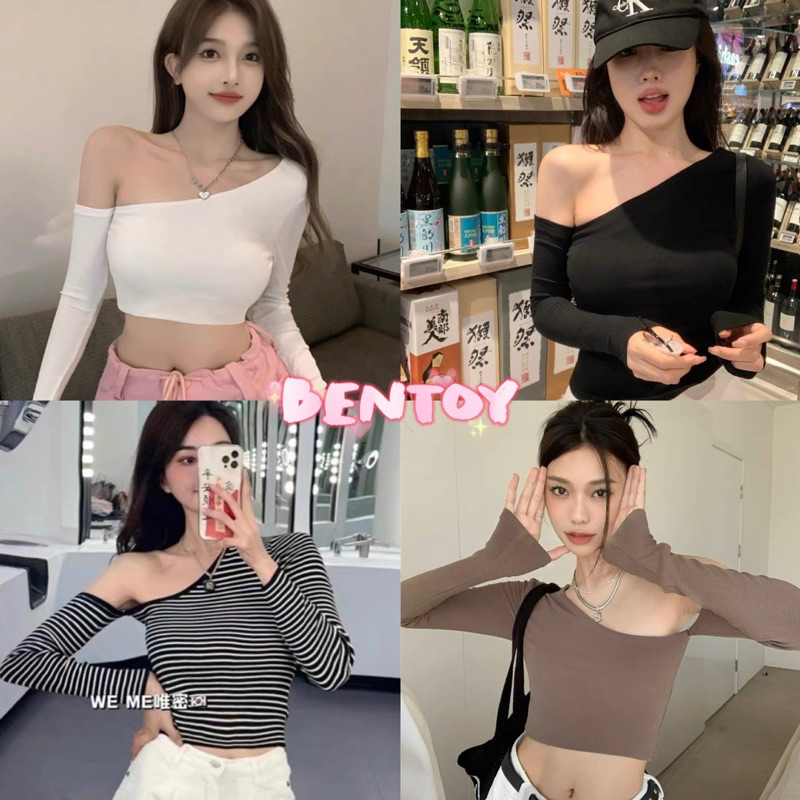 bentoy(8282)เสื้อครอปแขนยาว ดีเทลปาดไหล่ข้างหนึ่ง เซ็กซี่เบาๆ ผ้ายืดใส่สบาย รัดรูป
