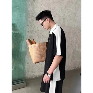 TS MEN เสื้อเซ็ตผู้ชาย กางเกงขาสั้นผู้ชาย (เสื้อ+กางเกงขาสั้น) ดีไซน์เก๋ ขนาดมาตรฐาน（สีดำ สีขาว）TZ14