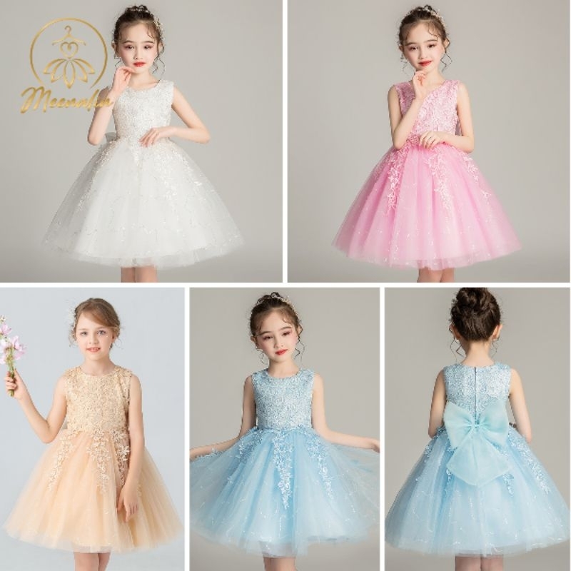 K8 เดรสออกงานเด็ก 3-10 ขวบ ลูกไม้นิ่มติดโบว์หลัง พร้อมส่งจากไทย