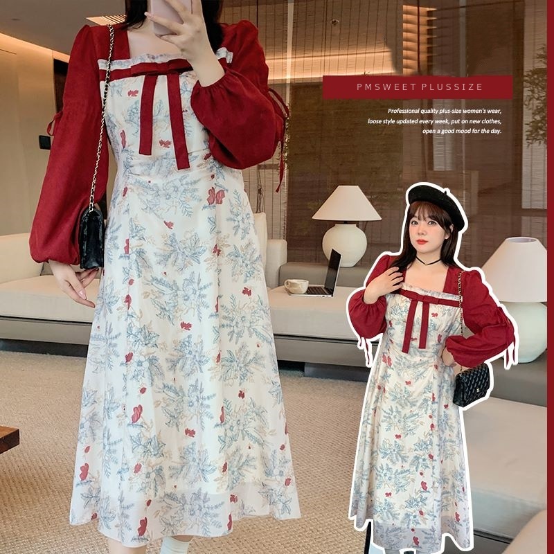 [ 🔥อกถึง 50" ] : PMP2225 : พรีออเดอร์ เสื้อผ้าไซส์ใหญ่ ชุดเดรสชีฟอง คอเหลี่ยม พิมพ์ลาย แขนตุ๊กตาสีแด