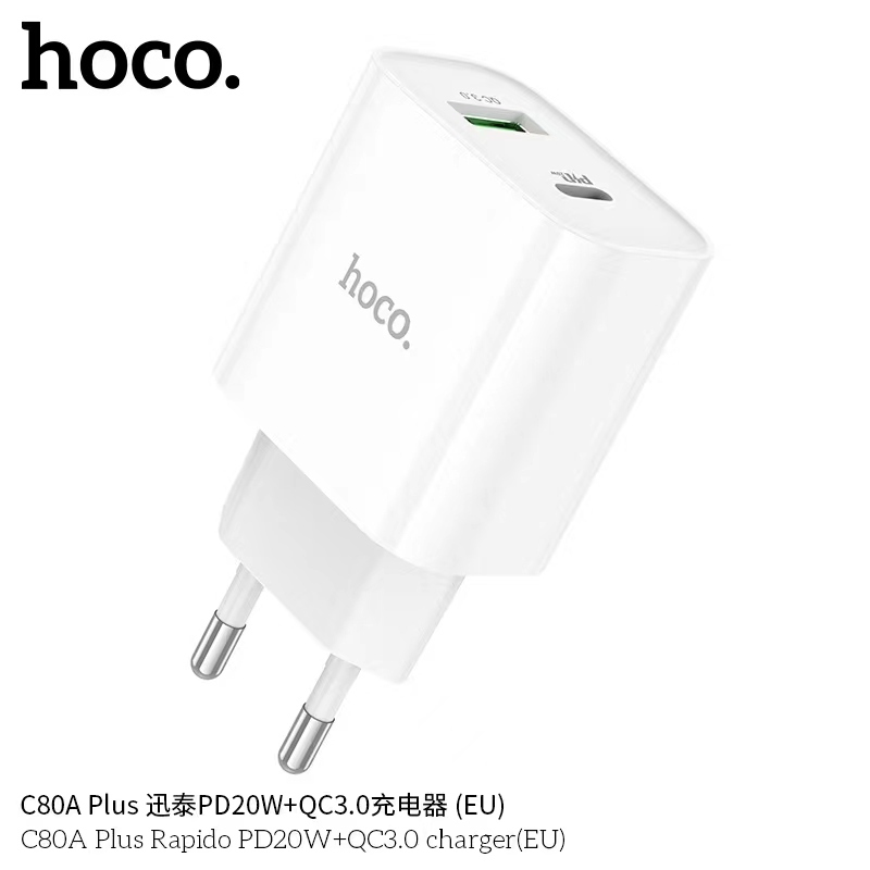 ใหม่ล่าสุด!! Hoco C80A Plus หัวชาร์จเร็ว PD ชุดชาร์จเร็ว Type-C USB PD Quick Charge Fast Charger PD20W QC3.0 (EU)