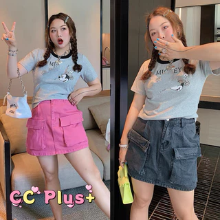 CiCi Plus+(sale 608)กระโปรงกางเกงขาสั้น ผ้ายีนส์ ทรงคาโก้ มีซับด้านใน เหมาะสำหรับสาวพลัสไซส์ สไตล์Y2K