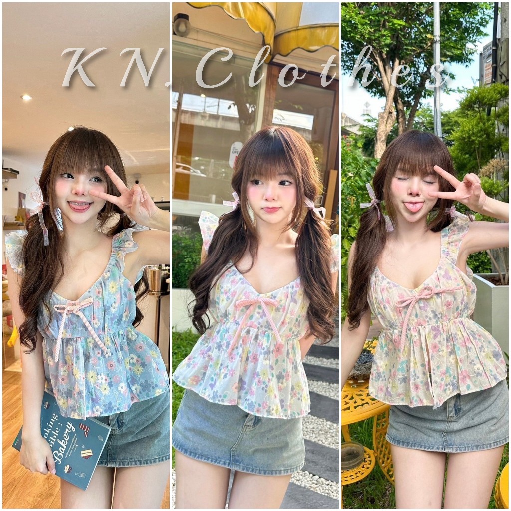KN.Clothes สายเดี่ยวแต่งระบาย ผ้าปักลายดอกไม้ ผูกโบลูกฟูกด้านหน้า Nusa.Style