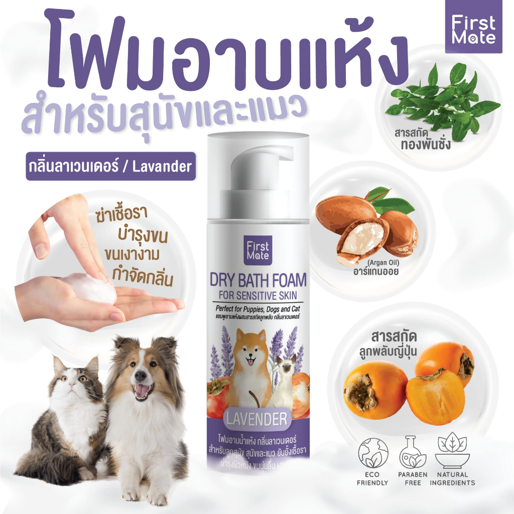 อาบน้ำแห้ง (สุนัข/แมว) ลูกพลับญี่ปุ่นสกัด กลิ่นลาเวนเดอร์ / FirstMate Dry Bath Foam Lavender 200ml.