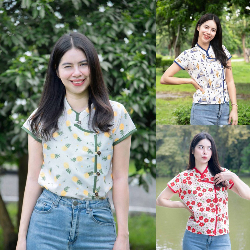 เสื้อผ้าฝ้ายคอจีน กระดุมป้ายข้าง กุ๊นขอบตัดสีพื้น