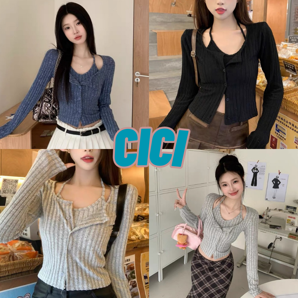 ส่งทันที Cici(NO. H516)SET2ชิ้น เสื้อคลุมแขนยาว+สายเดี่ยวคล้องคอ ผ้าไหมพรม มีเสริมบ่า ทรงสวย แมทช์ได้หลายสไตล์