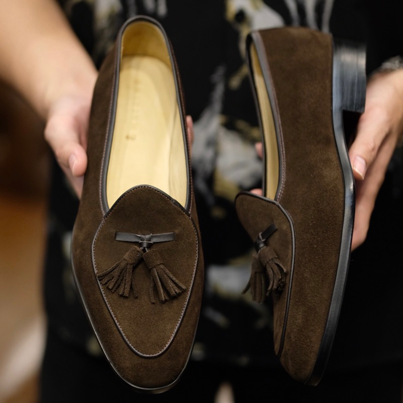 British รองเท้าหนัง Tassel Belgian Loafer Shoes Suede (Brown)
