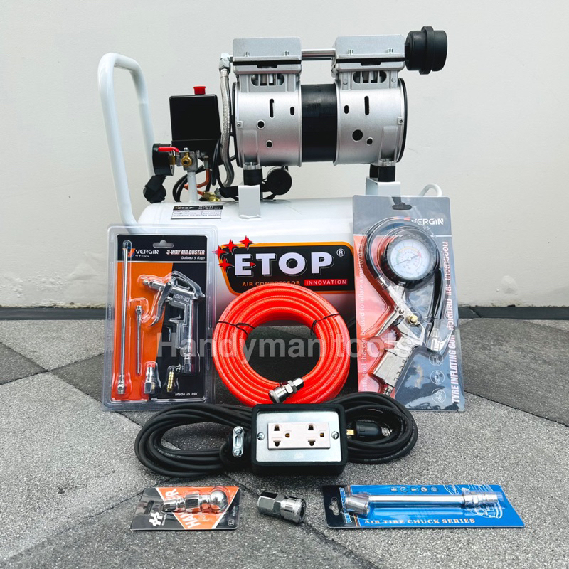 ETOP ปั๊มลม ถังลม ปั๊มลมโรตารี่ ปั๊มลมออยฟรี 30 ลิตร 1100W+อุปกรณ์ 6 อย่าง+ปลั๊กพ่วงอย่างดี 10 เมตร