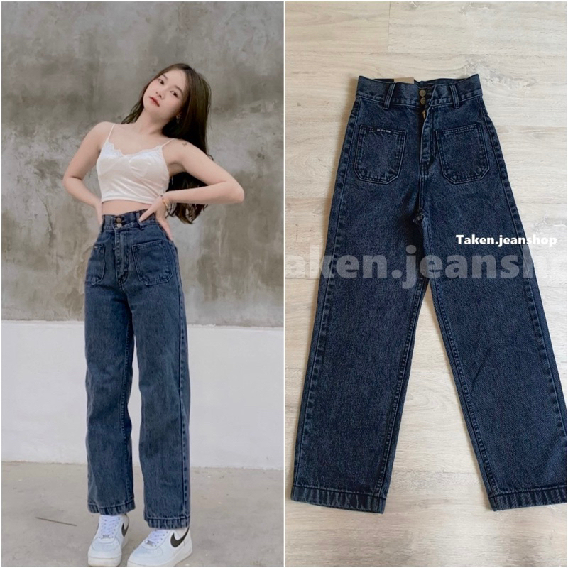 กางเกงยีนส์ทรงกระบอกเอวสูงกระเป๋าหน้า วินเทจขายาวเกาหลี TAKEN.JEANS