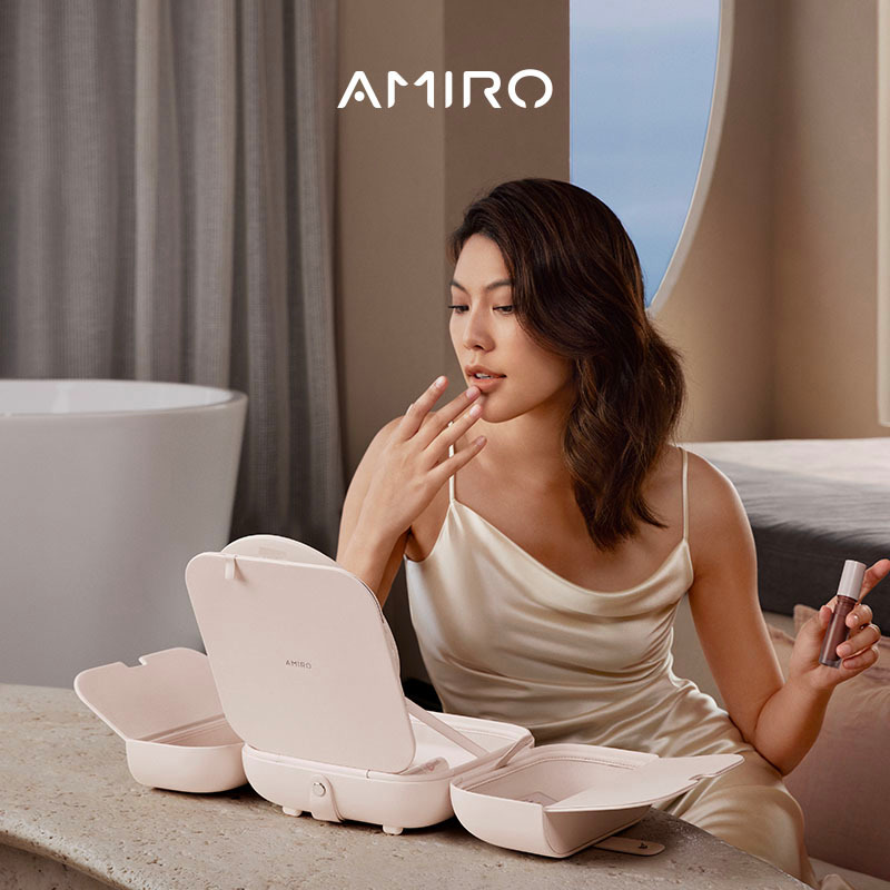 AMIRO ถุงเก็บกระจกสำหรับเดินทาง กล่องใส่เครื่องสำอางค์ กระเป๋าเครื่องสำอางแบบพกพา กระจก HD 4K LED RA95% ไม่หลอกตา