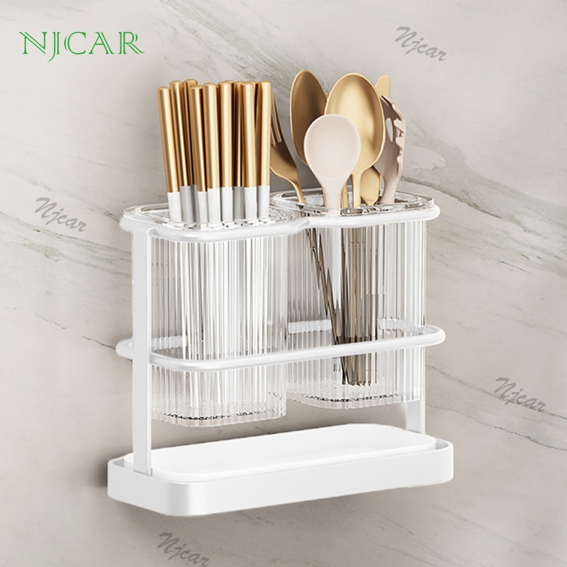 NJCAR H564 ที่ใส่ตะเกียบ เก็บช้อน ส้อม ติดผนังได้ ไม่ต้องเจาะ พร้อมถาดรองน้ำด้านล่าง
