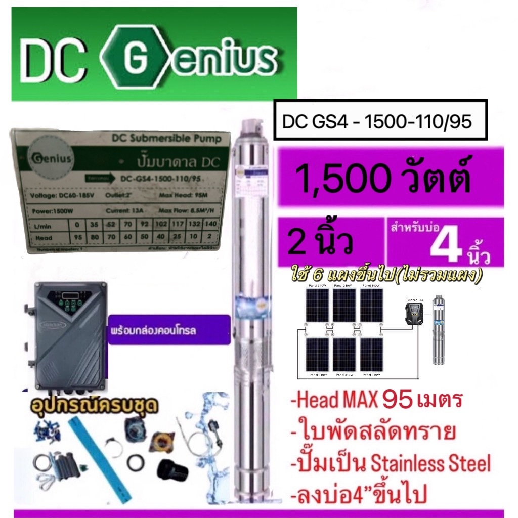 ปั๊มบาดาลโซล่าเซลล์ DC 1500 W Head Max 95 รุ่น DC-GS4-1500W-110/95 ท่อออก 2 นิ้วลงบ่อ 4 นิ้ว (Genius