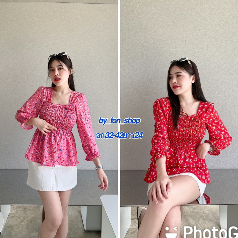 เสื้อสม็อครอบอกผ้าไหมอิตาลีพิมพ์ลายดอกมี2 สีชมพูกับแดงแขน 5 ส่วน