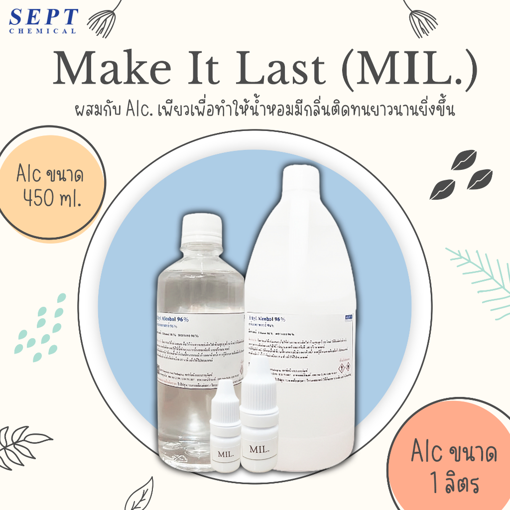 แอลกอฮอล์สำหรับผสมน้ำหอม  Make It Last (MIL.) ขนาด 1 ลิตร  สั่งได้ไม่เกิน 18 แกลลอน แอลกอฮอล์ผสมน้ำหอม