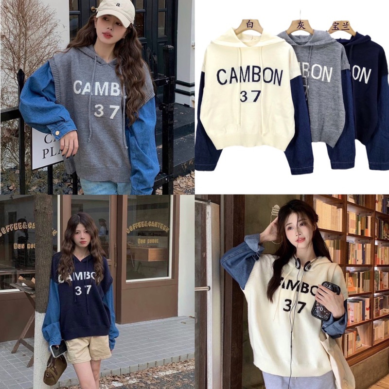 BY IRA Cardigan เสื้อกันหนาวแขนยาว ผ้ายีน มีฮู้ด ผ้าถัก พิมพ์ลายตัวอักษร แฟชั่นฤดูใบไม้ร่วง และฤดูหนาว สไตล์ เกาหลี