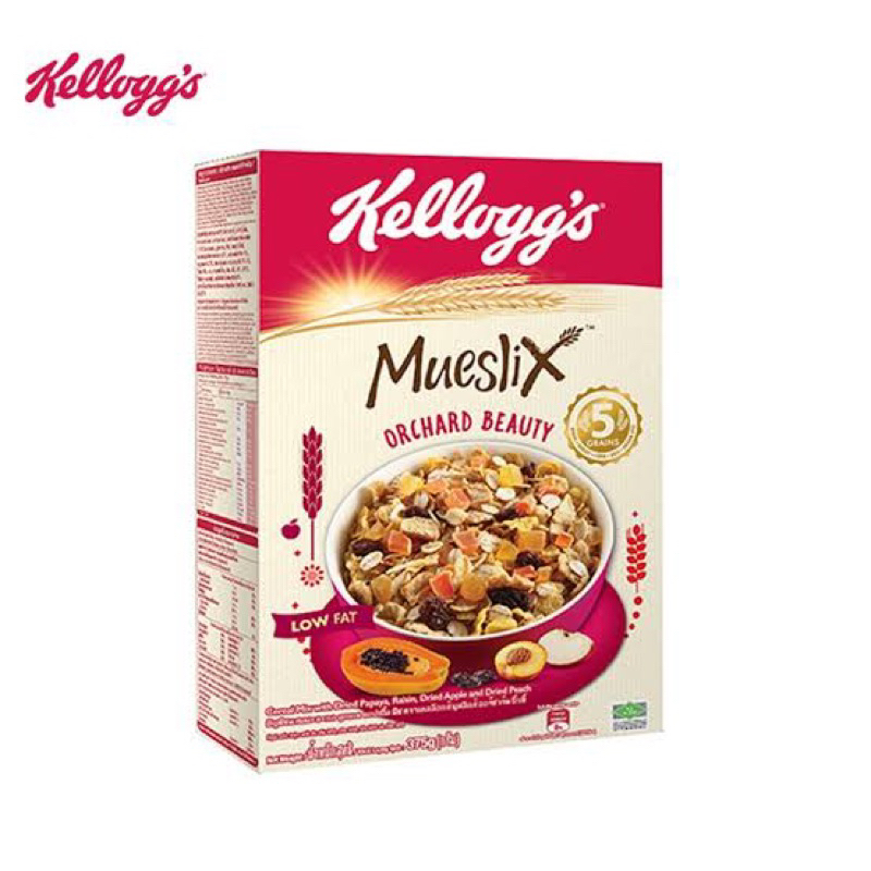 Kellogg’s mueslix orchard beauty 375กรัม เคลล็อก มูสลี่ ซีเรียลอบกรอบผสมผลไม้ ถั่ว มะละกอ ลูกเกด แอป