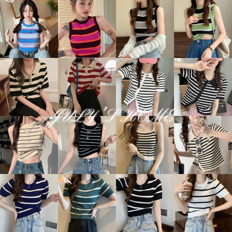 เสื้อไหมพรม เสื้อครอปหญิง ลายทาง รูปแบบหลากหลาย/หลายสี เข้าได้กับทุกออกเเบบ #456890