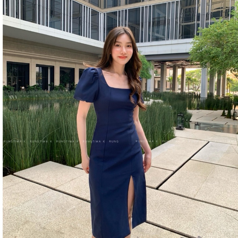 Dress เดรสผ่าหน้าแขนบอลลูน เดรสคอเหลี่ยม ชุดออกงาน ชุดไปงานเเต่ง เดรสทำงาน RTW