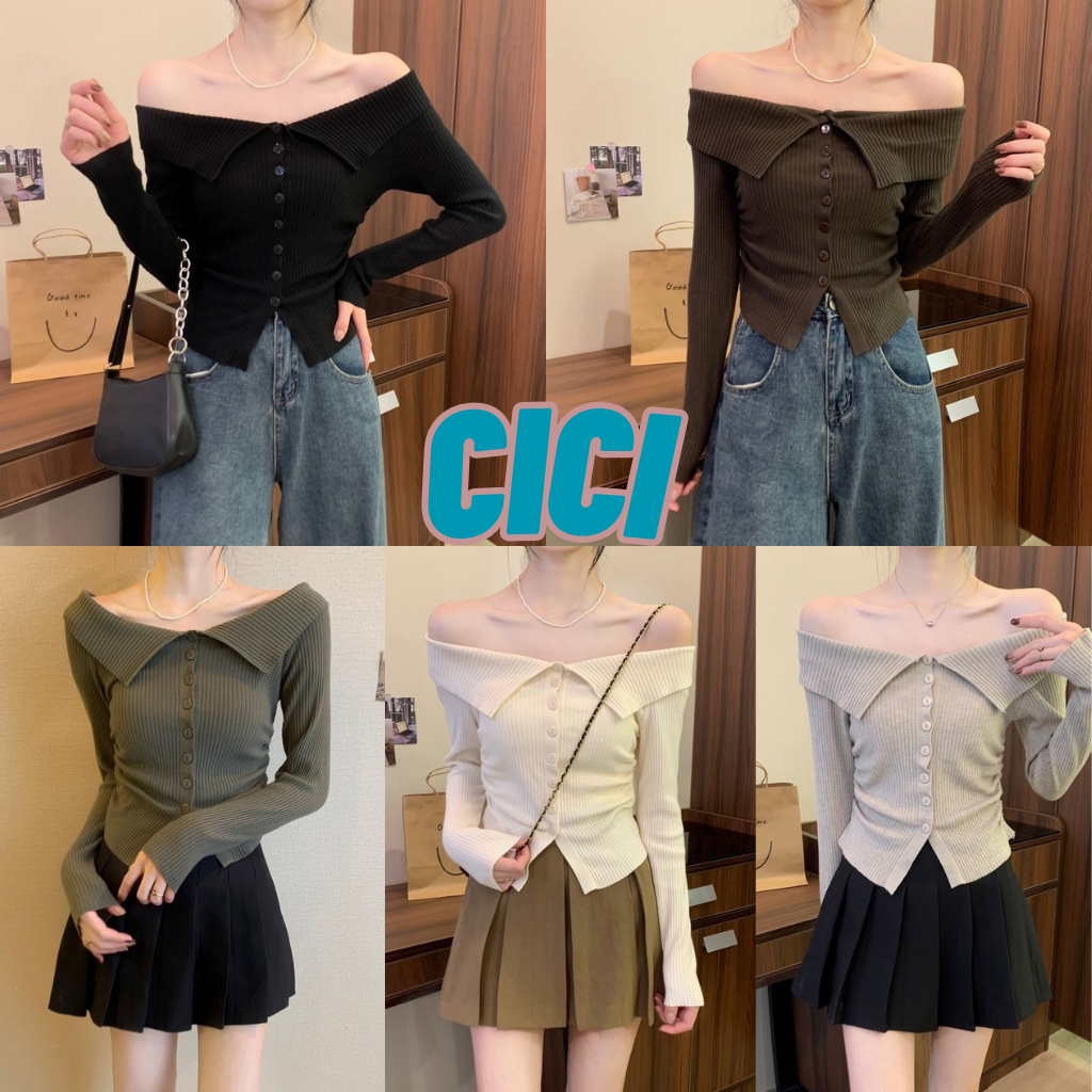 Cici(NO.A819)Top off-shoulder เสื้อครอปปาดไหล่ไหมพรมknit แพทเทิร์นทรงสวยลุคเกาหลีเกาใจสุดๆ