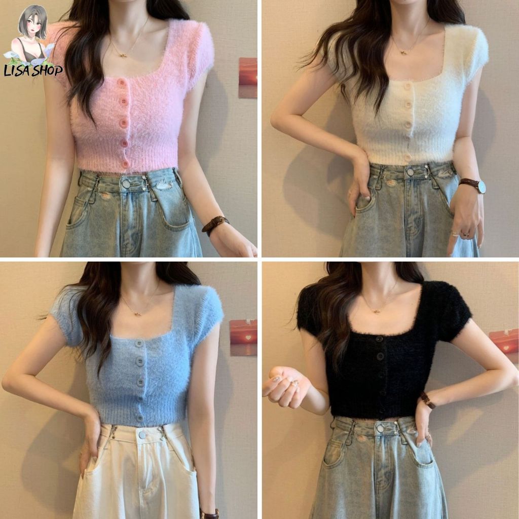 เสื้อครอป เสื้อแขนสั้นคอเหลี่ยมผ้าขนแกะ เพิ่มลุคคุณหนูดูแพง พร้อมส่ง TS9323-8