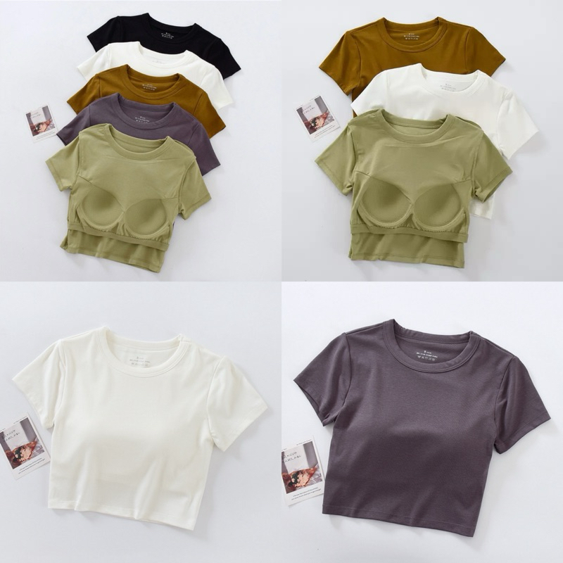 พร้อมส่งในไทย 🇹🇭 เสื้อคอกลมมีบราในตัว ไม่ต้องใส่ยกทรง