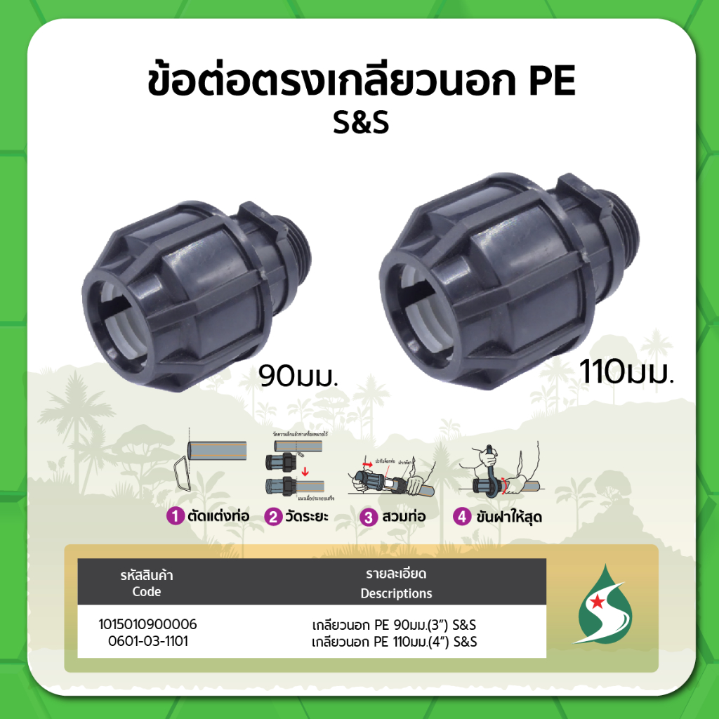 ข้อต่อตรง เกลี่ยวนอก PE ขนาด 90มม  110มม.