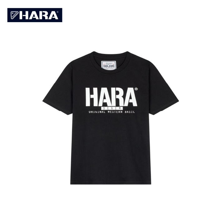 Hara เสื้อยืด Hara Classic สกรีนลายป้ายหนัง สีดำ รุ่น HMTS-900402 (เลือกไซส์ได้)