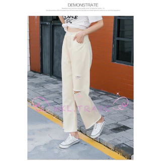 📌กางเกงยีนส์ผู้หญิง ขายาว เอวสูง ปลายรุ่ย แต่งขาดขาด้านซ้าย #8028