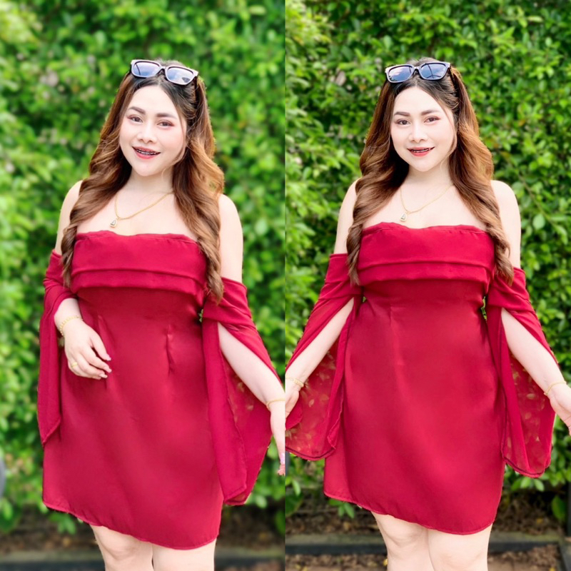 NT632 เดรสออกงาน คาเฟ่ ทะเล ซาร่าพริ้วแขนชีฟองผ่า สาวอวบ