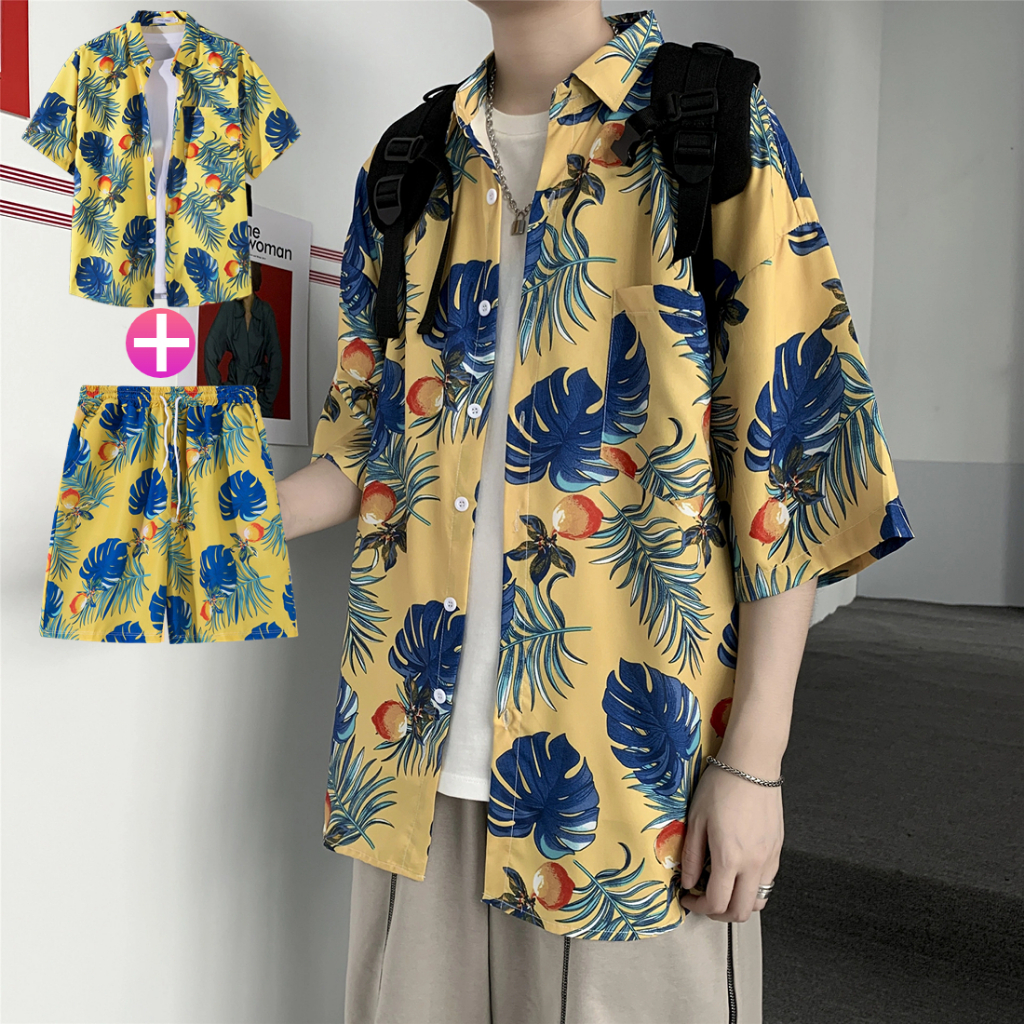 ชุดเสื้อฮาวาย กางเกงขาสั้น 2ชิ้น ลําลอง สไตล์ฮาวาย เสื้อลายใหม่ล่าสุด ใส่เที่ยวทะเลหรืออยู่บ้านชิลๆ