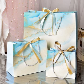 พร้อมส่ง ขายดี มี6โทนสี ถุงของขวัญ ลายหินอ่อน Marble หูหิ้วเชือก+ริบบิ้น ใส่ของขวัญ ผ้าขนหนู ของรับไหว้ ถุงรับไหว้
