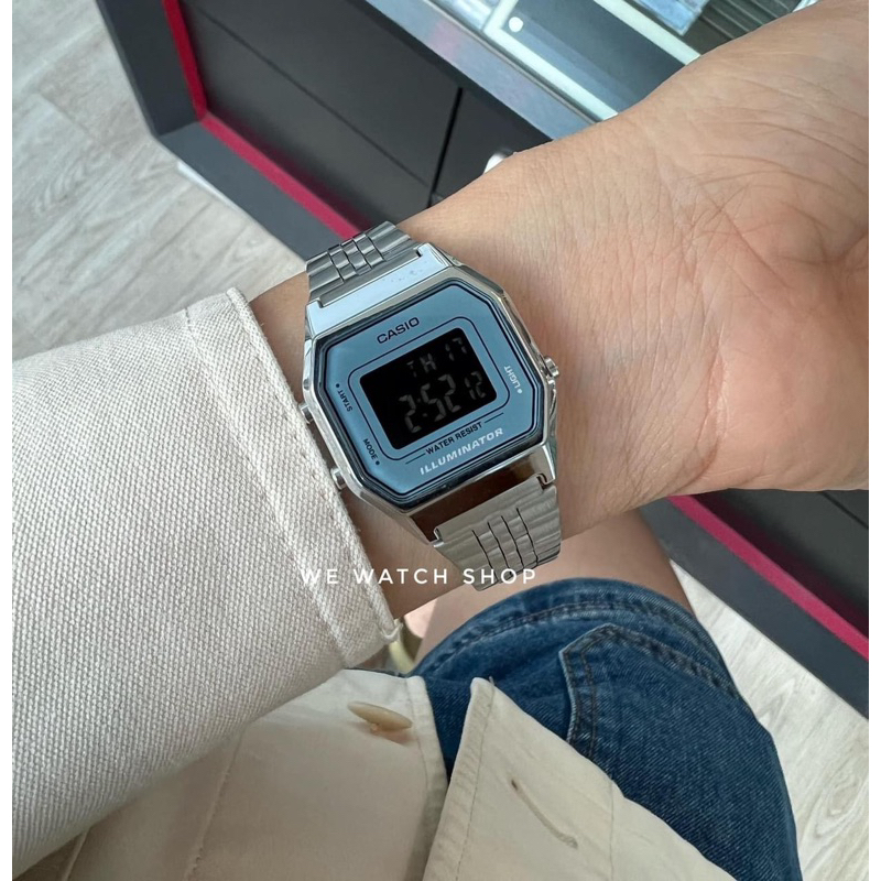 รับประกันศูนย์ไทย (CMG) CASIO รุ่น LA680WA-2BDF สีเงิน จอดำ สายสแตนเลส เลื่อนปรับ  LA680WA-2B  LA680