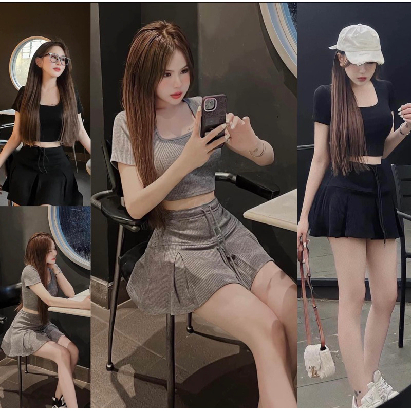 #ชุดเซ็ต2ชิ้น #เสื้อคอยู #กระโปรงเทนนิส #เอวสูง #ฟรีไซส์
