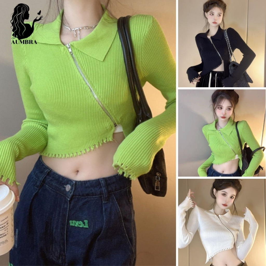 เสื้อแฟชั่นวัยรุ่น แขนยาวคอปก แต่งซิปหน้า เสื้อไหมพรม งานเซ็กซี่ สวยมาก TS71028