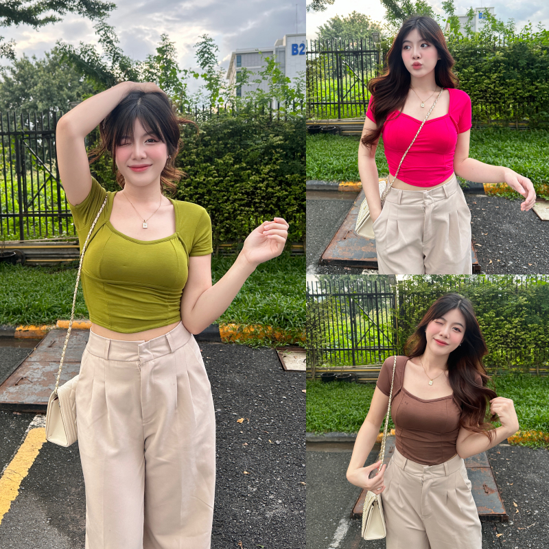 🌈SpinnyHouse🌈เสื้อยืดแขนสั้น ผ้าเรย่อน มีฟองน้ำในตัว 😋 ใส่แล้วคือพรางหุ่นสุด ทรงรัดรูป  รุ่น บัณฑิต B-001-3-A